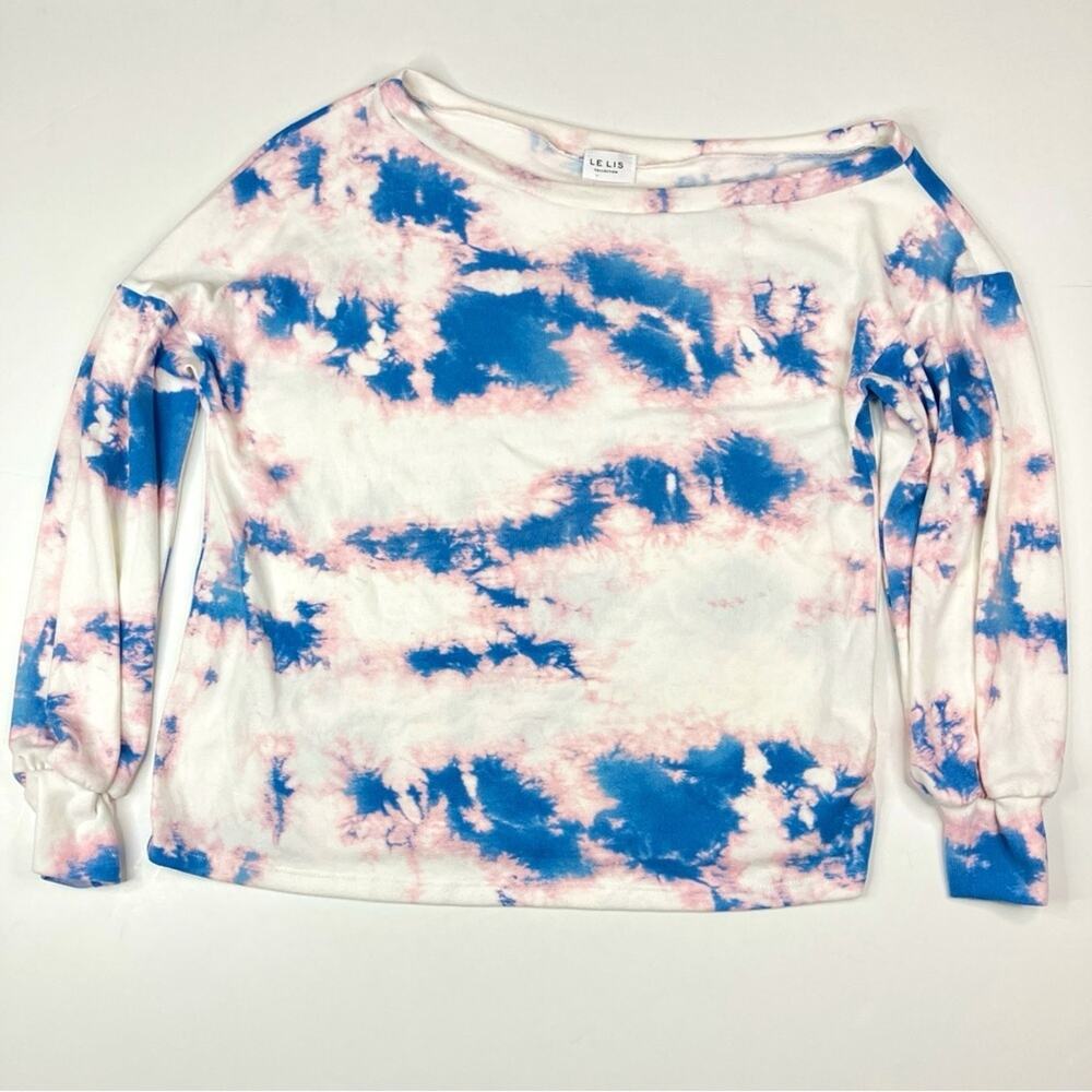 Lelis Collection | White Blue Cloud Tie Dye Off-One-Shoulder Sweater Top S NWT